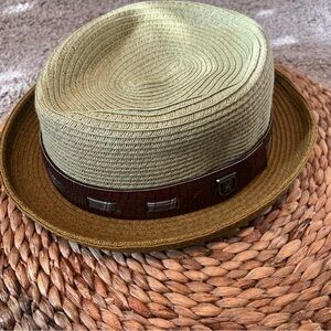Green Fedora Hat Straw Hat with Brown Faux Croc Band Mens Small/Medium